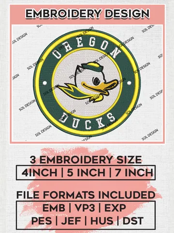 NCAA Oregon Ducks Round Logo Embroidery, NCAA Oregon Ducks Embroidery Design files, NCAA Teams, NCAA Machine embroidery designs, Digital Download