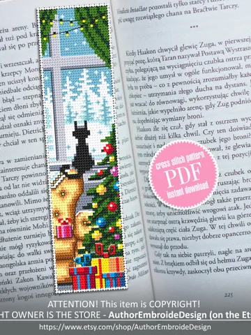 Cat bookmark cross stitch pattern download PDF Christmas handmade bookmark digital PDF, Cute Black cat embroidery Christmas tree stitch #B94 $4.40