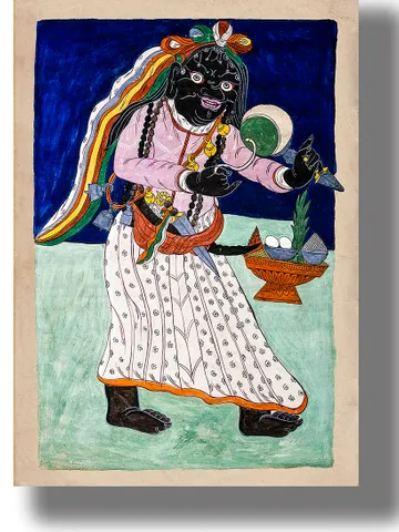 An evil demon who causes dropsy. Antique Tibetan artwork. $21.00