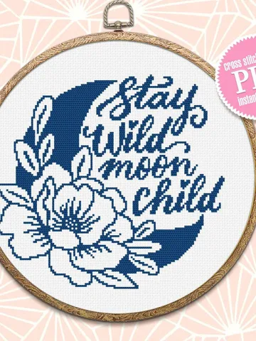 Floral moon cross stitch pattern PDF download Stay wild moon child cross stitch chart, Moon pattern digital PDF, Crescent moon decor #Q51 $4.40