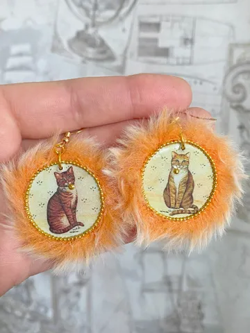 Cute handmade earrings. Image of cats, fur trim. $28.00