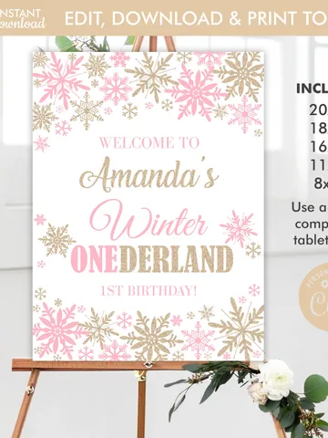 Winter Onederland Welcome Sign Pink Champagne Gold Winter Onederland 1st Birthday Girl Decorations, Snowflake Birthday, Editable Template $9.00
