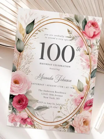 100th Birthday Invitation for Women – Blush Pink & Gold Floral, Elegant Printable Party Invite for Grandma or Mom, Digital Canva Template $7.00
