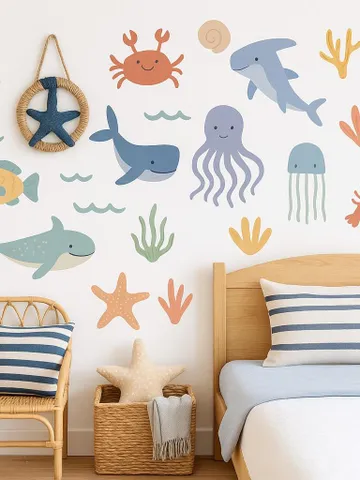 Ocean Animal Wall Decals – Watercolor Sea Life Stickers, Removable & Reusable Vinyl Art for Nursery, Kids Room, Bathroom Beach Decor z3340 $27.00