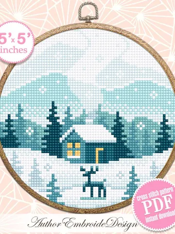 Winter landscape cross stitch pattern PDF download Winter forest cross stitch chart, Small pattern digital PDF beginner House in forest #L91 $3.95