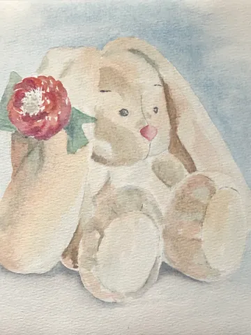 Cute bunny toy painting children room wall art original watercolour hand painted modern painting $55.00