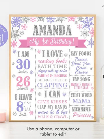 Winter Onederland 1st Birthday Sign, Winter Onederland Birthday Girl Decorations, Milestone Birthday Poster, Editable Template Digital File $11.00