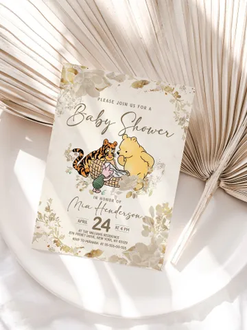 Classic Winnie Pooh Baby Shower Invitation; Pooh Baby Shower Editable Template; Neutral Flowers Baby Shower; Baby Shower trend of 2023 $12.78