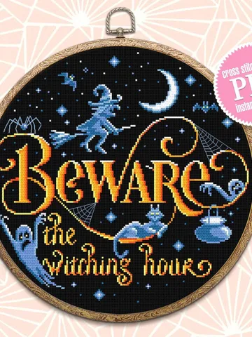 Halloween quotes cross stitch pattern download PDF, Witch cross stitch chart, Beware the witching hour, Halloween pattern digital PDF #H38 $4.60
