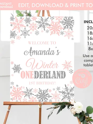 Winter Onederland Welcome Sign Peach Silver Winter Onederland 1st Birthday Girl Decorations, Snowflake Birthday Sign, Editable Template $9.00