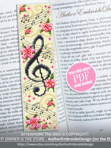 Music bookmark cross stitch pattern PDF download Treble clef cross stitch chart, Flower bookmark pattern digital PDF, Music key notes #B407 $4.40