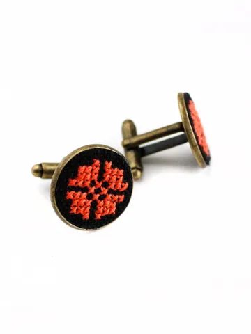 Ukrainian black orange cufflinks for groomsman Custom colors available Unisex round folk Ukraine vyshyvanka cuff links Gift for father groom