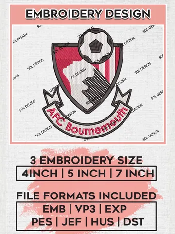 AFC Bournemouth Machine Embroidery Design Files, Premier League Embroidery files, EPL AFC Bournemouth Logo, Football, Digital Download $6.99