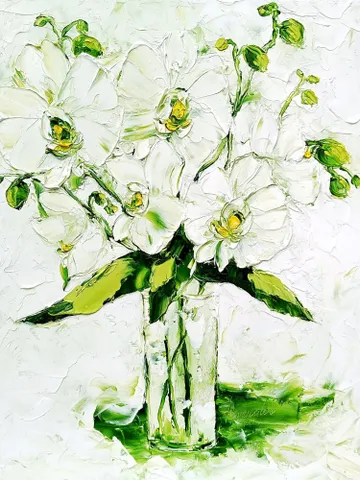 White Orchid Painting Floral Original Art Flowers Impasto Wall Art Orchids Artwork 14" by 11" by ArtProkopaloSv $185.00
