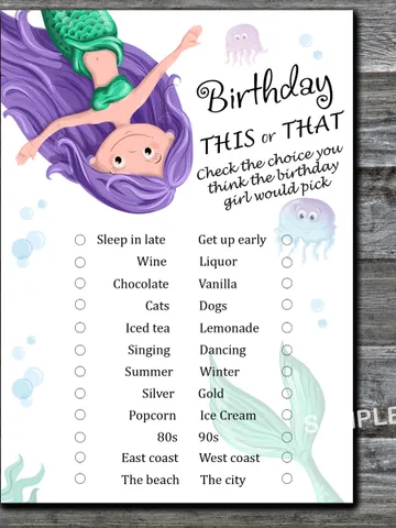 Mermaid Birthday This or that game,Adult Birthday party game-fun games for her-Instant download $1.75