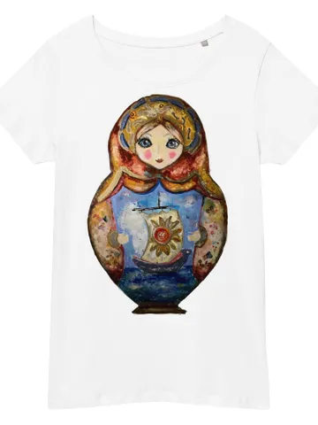 Russian doll Women’s basic organic t-shirt made from my original mix media painting,matryoshka gifts for her. $36.00