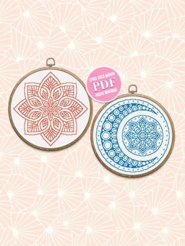 Mandala set cross stitch pattern download PDF Crescent moon cross stitch chart, Mandala pattern digital PDF, Easy monochrome embroidery #S32 $7.70