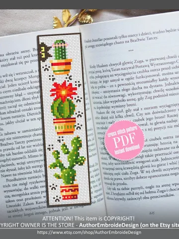 Cactus bookmark cross stitch pattern PDF download Cactus plant cross stitch chart, Cat bookmark pattern digital PDF, Book accessories #B10 $4.40