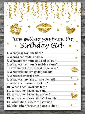 Gold glitter How well do you know the birthday girl,Adult Birthday party game-fun games for her-Instant download $1.75