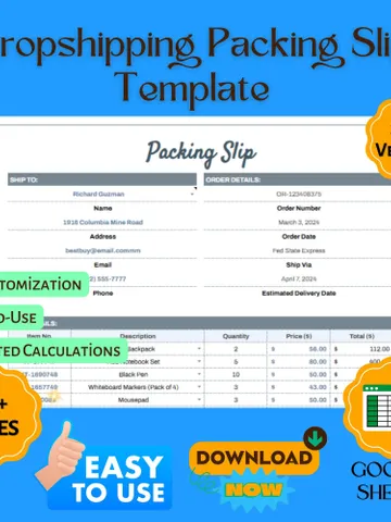 Dropshipping Packing Slip Template, Printable Shipping Invoice, Order Packing List, Google Sheets for E-commerce $5.90