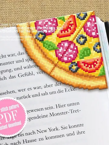 Corner bookmark cross stitch pattern PDF download Pizza cross stitch chart, Food bookmark digital PDF, Funny bookmark for beginner #B251 $4.10