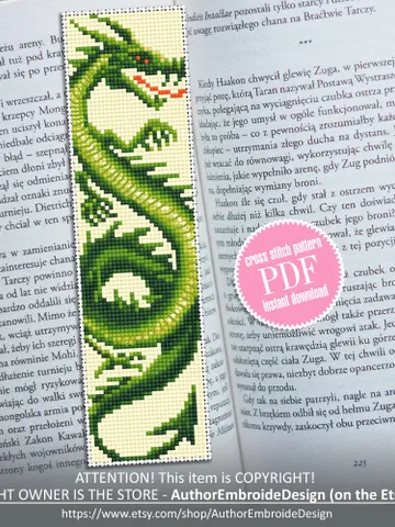 Dragon bookmark cross stitch pattern PDF download Fantasy green dragon cross stitch chart, Chinese dragon pattern, Chinese New Year #B210 $4.40