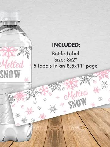 Melted Snow Water Bottle Label, Winter Onederland Bottle Label, Winter Onederland Birthday Girl Decorations, Pink Silver Snowflakes Party $4.00