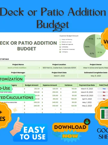 Deck or Patio Addition Budget Template, Outdoor Renovation Cost Planner, Home Improvement Expense Tracker, Remodeling Budget Spreadsheet $8.26