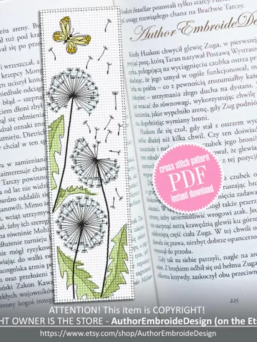 Dandelion bookmark cross stitch pattern download PDF Dandelion flowers cross stitch chart, Bookmark pattern digital, Floral backstitch #B413 $4.40