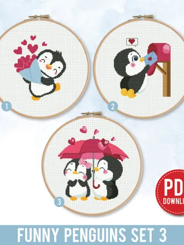 Funny Penguins Love Heart Bundle of 3 ornament nursery valentine's day cross stitch pattern counted chart gift DIY embroidery, instant PDF $11.50