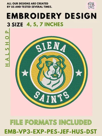 NCAA Siena Saints Logo Embroidery Design Files, College Team Machine Embroidery, 3 Sizes, Digital Download $6.99