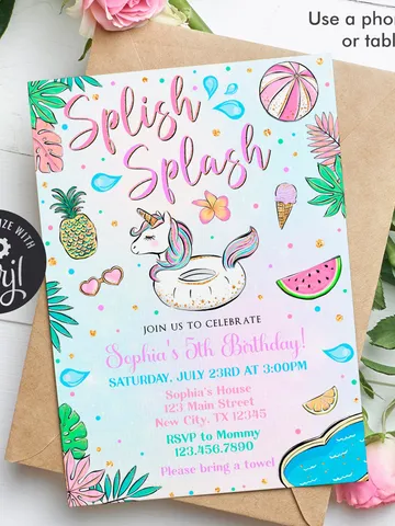 Splish Splash Birthday Invitation, Unicorn Pool Party Invitation Girl, Splash Pad Invitation Instant Download Editable Template $7.00