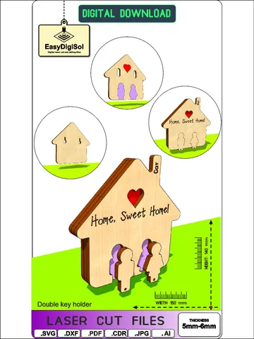 3D Home Double key holders DIY Laser cut bundle hanging SVG DXF PDF Ai House keyichain Key holder home decor family Glowforge wall keyring holder key keeper $3.49