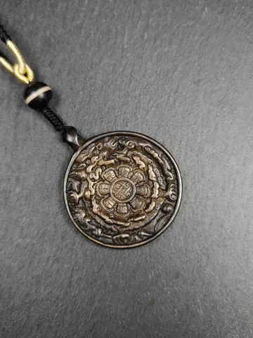 Gandhanra Vintage Tibetan Buddhist Calendar Amulet Black Sipaho Badge - Lima Brass Melong Mirror Protective Charm Feng Shui Pendant,43mm $199.99