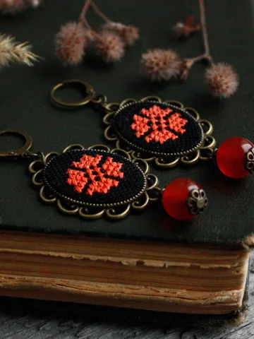 Ukrainian filk earrings Black orange carnelian earrings dangle Ukrainian folk jewerly for vyshyvanka and namysto Custom colors available $46.00
