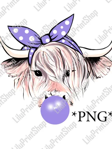 Blonde Highland cow png sublimation Cow with bubble gum and purple bandana White Heifer clipart png. digital instant download $4.27