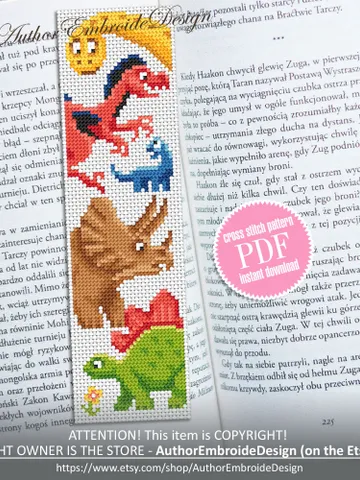 Dinosaur bookmark cross stitch pattern PDF download Baby dinosaur cross stitch chart, Bookmark pattern digital PDF, Dinosaur gifts #B278 $4.40