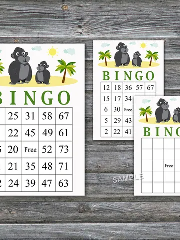 Gorilla bingo cards,Gorilla bingo game,Jungle printable bingo cards,60 Bingo Cards,INSTANT DOWNLOAD--343 $3.95