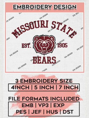 Missouri State Bears Est 1905 Logo Embroidery Designs, NCAA Missouri State Bears Team Embroidery, NCAA Team Logo, 3 sizes, Machine embroidery Files, Digital Download $6.99