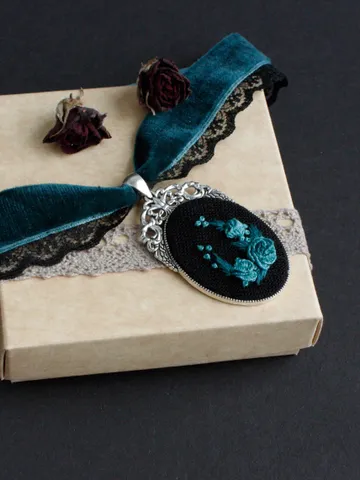 Lace royalcore Victorian choker necklace Wide teal green large pendant Reneissance monochrome rose cameo necklace Hand made Ukrainian seller $59.00