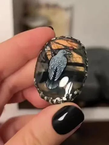 Raven ring Crow ring Viking ring Labradorite ring Oil painting miniature $110.00