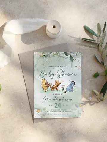 Classic Winnie Pooh Baby Shower Invitation; Pooh Baby Shower Editable Template; Greenery Floral Baby Shower; Baby Shower trend of 2023 $12.78