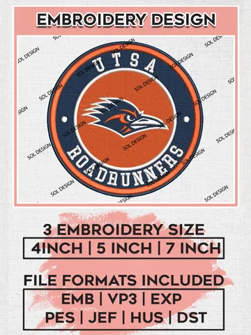 NCAA UTSA Roadrunners Round Logo Embroidery, NCAA UTSA Roadrunners Logo Embroidery files, NCAA Teams, Machine embroidery designs, Digital Download $6.99