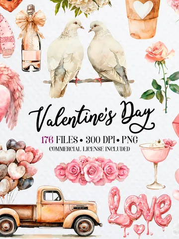 176 Watercolor Valentines Day PNG Bundle, Valentine Teddy Bears, Boho Valentine's Card Making Kit, Love is in the air, Love Day Clipart $5.19