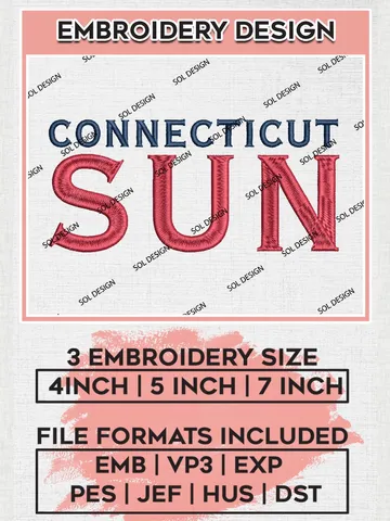 WNBA Connecticut Sun Wordmark Logo Embroidery Files, WNBA Connecticut Team Embroidery Designs, Basketball Teams, 3 sizes, Machine embroidery designs, Digital Download $6.99