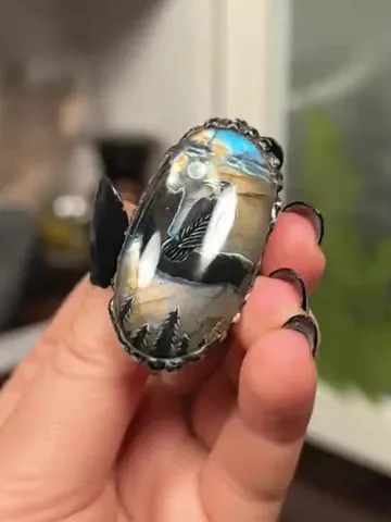 Raven ring Crow ring Viking ring Labradorite ring Oil painting miniature $80.00
