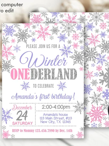 Winter Onederland Birthday Girl Invitation 1st Birthday Invitation, Winter Wonderland Birthday Invitation, Pink Purple Silver Snowflake $7.00