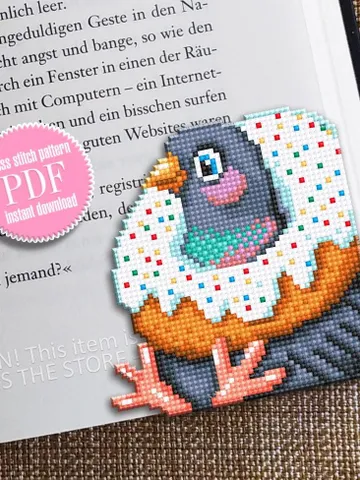 Pigeon Corner bookmark cross stitch pattern PDF download Funny pigeon with donut cross stitch chart, Bird bookmark digital pattern #B398 $4.10
