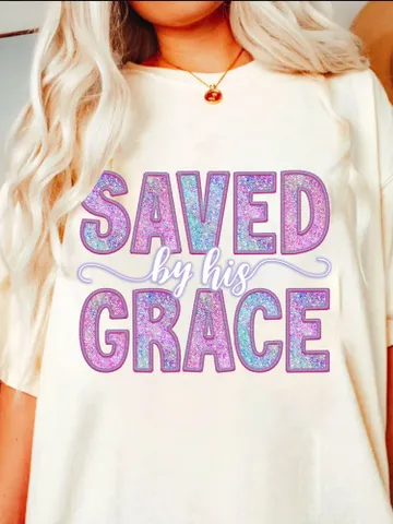 Saved By His Grace Faux Sequins Embroidered PNG, Easter Christian Png, Easter Bible Verse, Risen doodle png, retro easter png, Boho Design $4.46