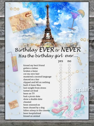 Paris themed Birthday ever or never game,Adult Birthday party game-fun games for her-Instant download